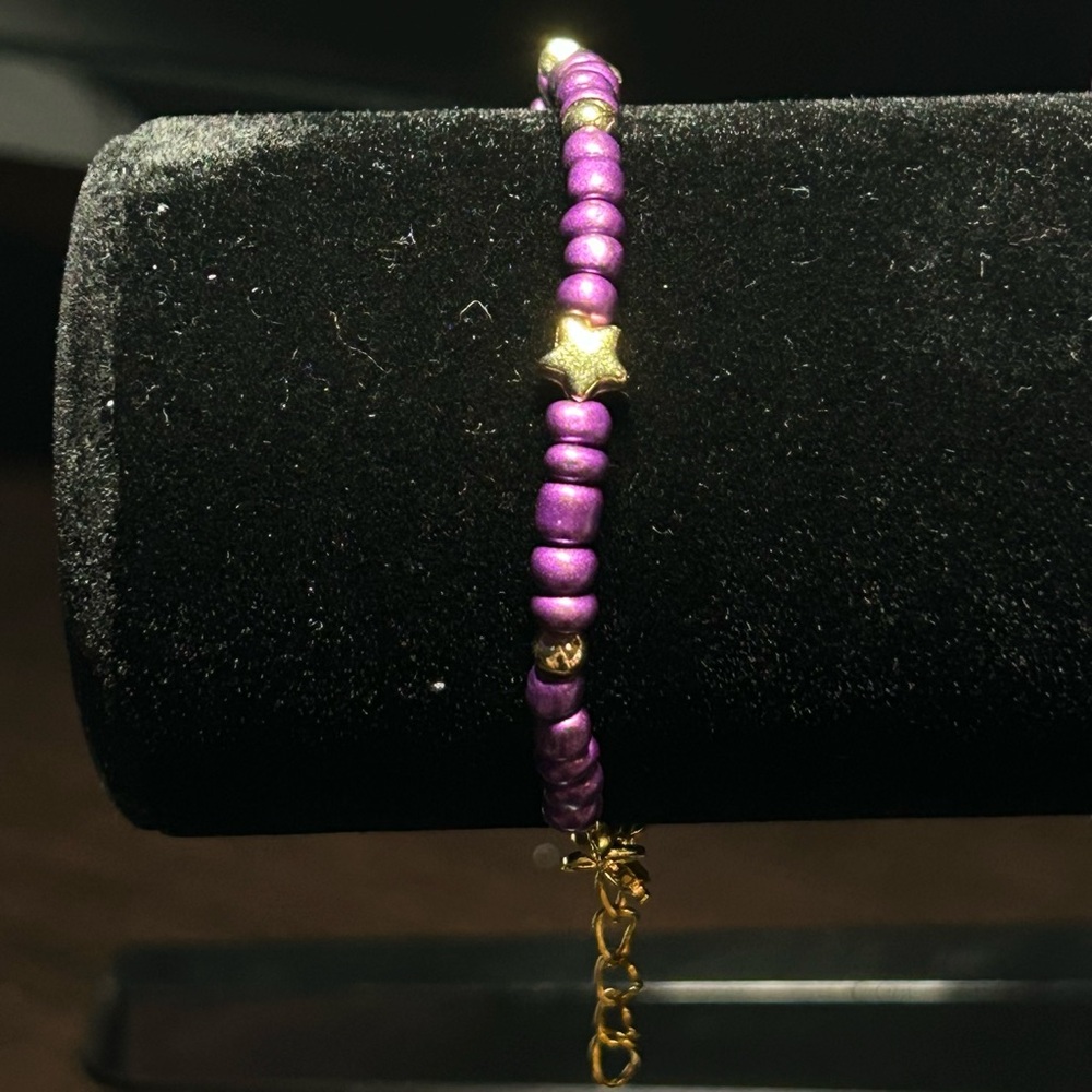 Purple and Gold Beaded Wire Bracelet with Adjustable Sizing Clasp